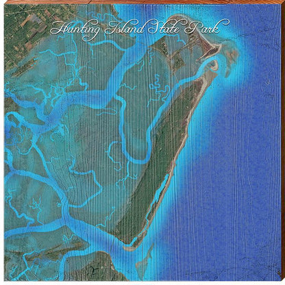 Hunting Island State Park, South Carolina Satellite Map Wall Art | Wall Art Print on Real Wood