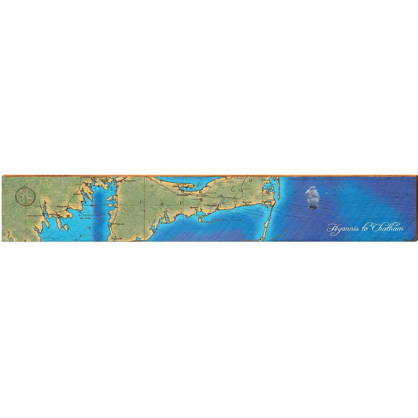 Hyannis to Chatham, Massachusetts Map Wooden Sign | Wall Art Print on Real Wood