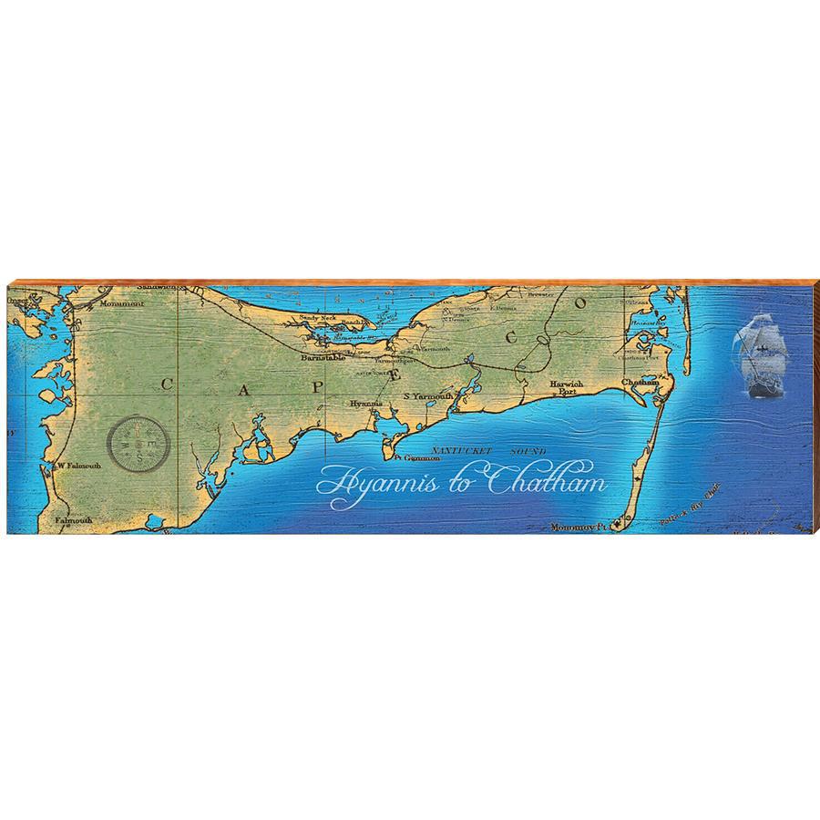 Hyannis to Chatham, Massachusetts Map Wooden Sign | Wall Art Print on Real Wood