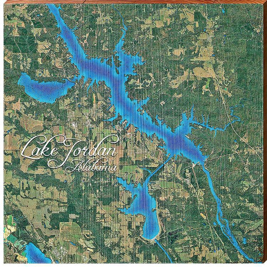 Lake Jordan, Alabama Satellite Map | Wall Art Print on Real Wood