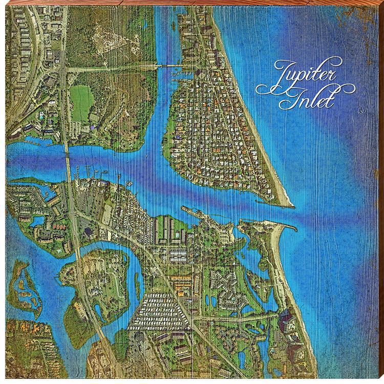 Jupiter Inlet, Florida Satellite Styled Map Wall Art | Wall Art Print on Real Wood