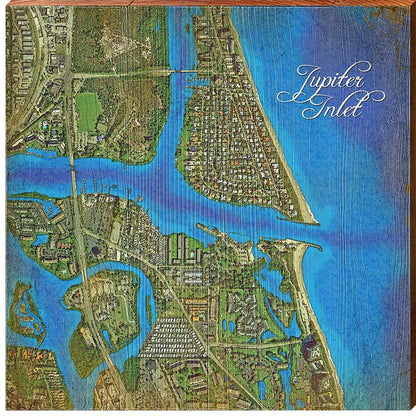 Jupiter Inlet, Florida Satellite Styled Map Wall Art | Wall Art Print on Real Wood