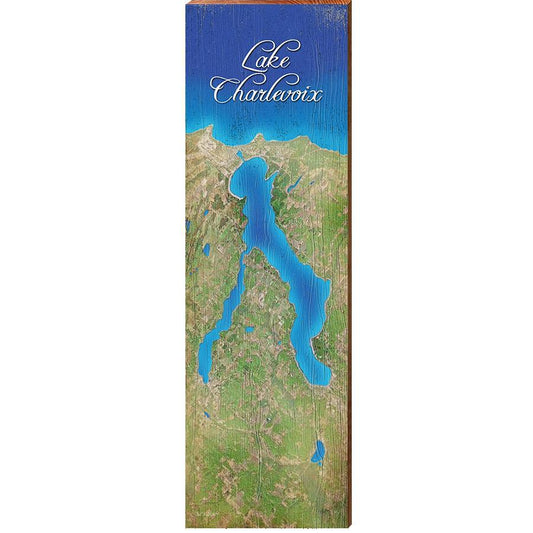 Lake Charlevoix, Michigan Satellite Styled Map Vertical Wall Art | Wall Art Print on Real Wood