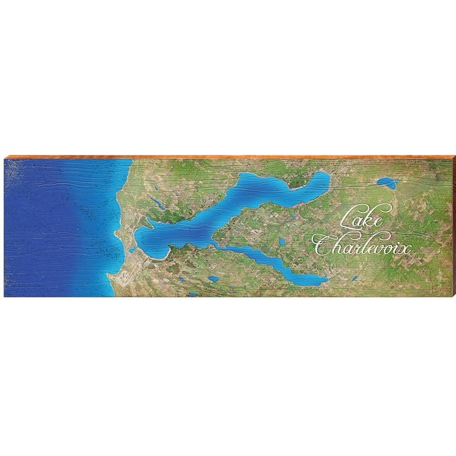 Lake Charlevoix, Michigan Satellite Styled Map Horizontal Wall Art | Wall Art Print on Real Wood