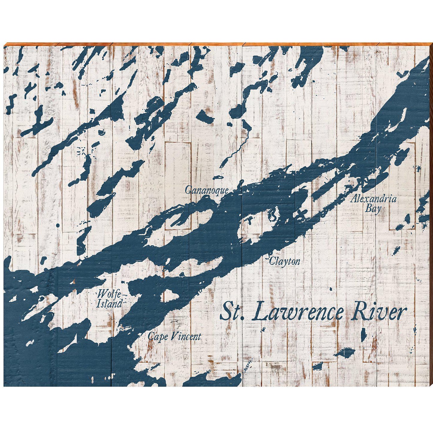 St. Lawrence River, Canada Navy & White Shabby Map | Wall Art Print on Real Wood