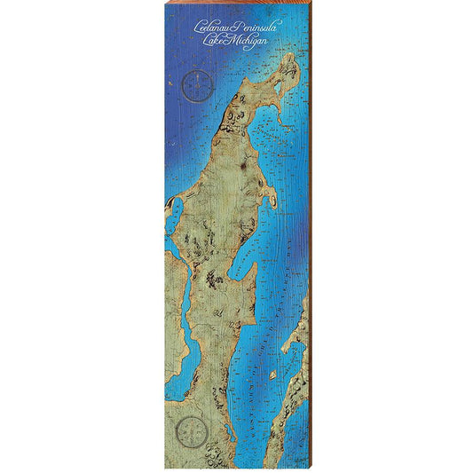 Leelanau Peninsula, Lake Michigan Topographical Styled Chart | Wall Art Print on Real Wood