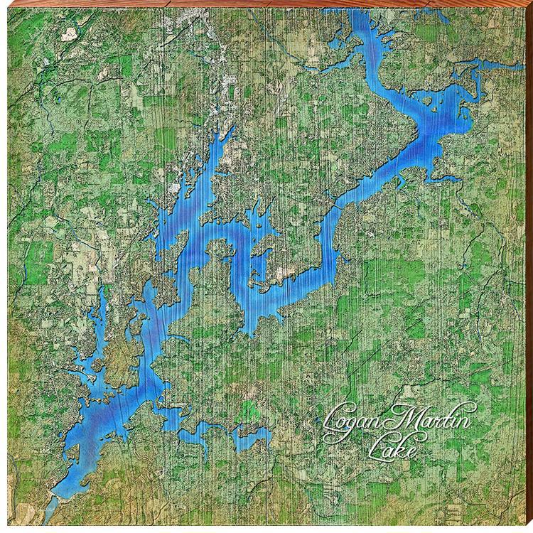 Logan Martin Lake, Alabama Map Wooden Wall Art Print on Real Wood