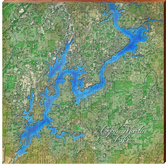 Logan Martin Lake, Alabama Map Wooden Wall Art Print on Real Wood