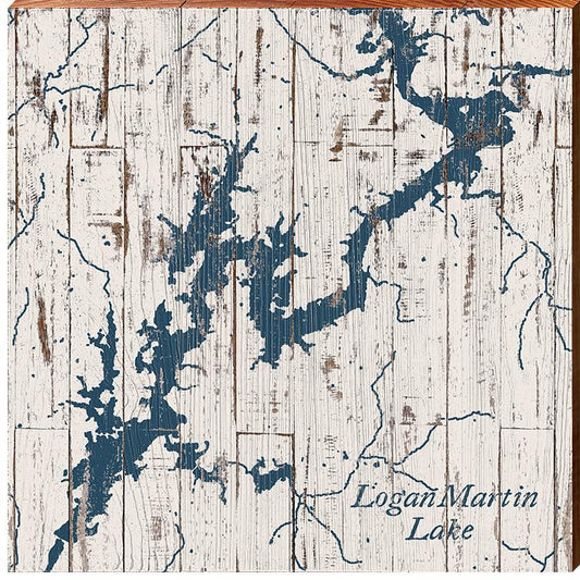 Logan Martin Lake, Alabama Navy & White Shabby Map Wall Art | Wall Art Print on Real Wood