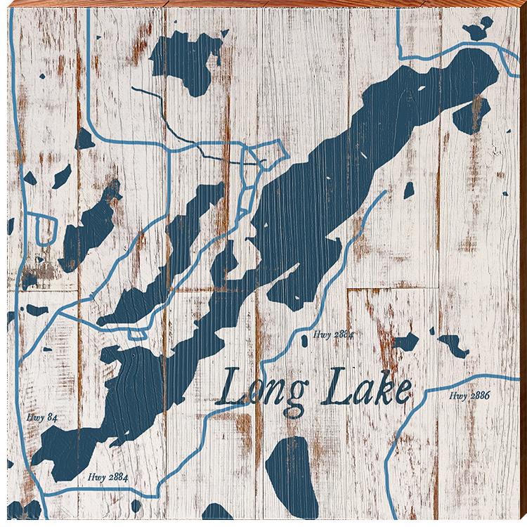 Long Lake, Minnesota Navy & White Shabby Map | Wall Art Print on Real Wood