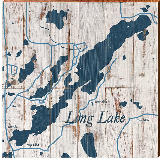 Long Lake, Minnesota Navy & White Shabby Map | Wall Art Print on Real Wood