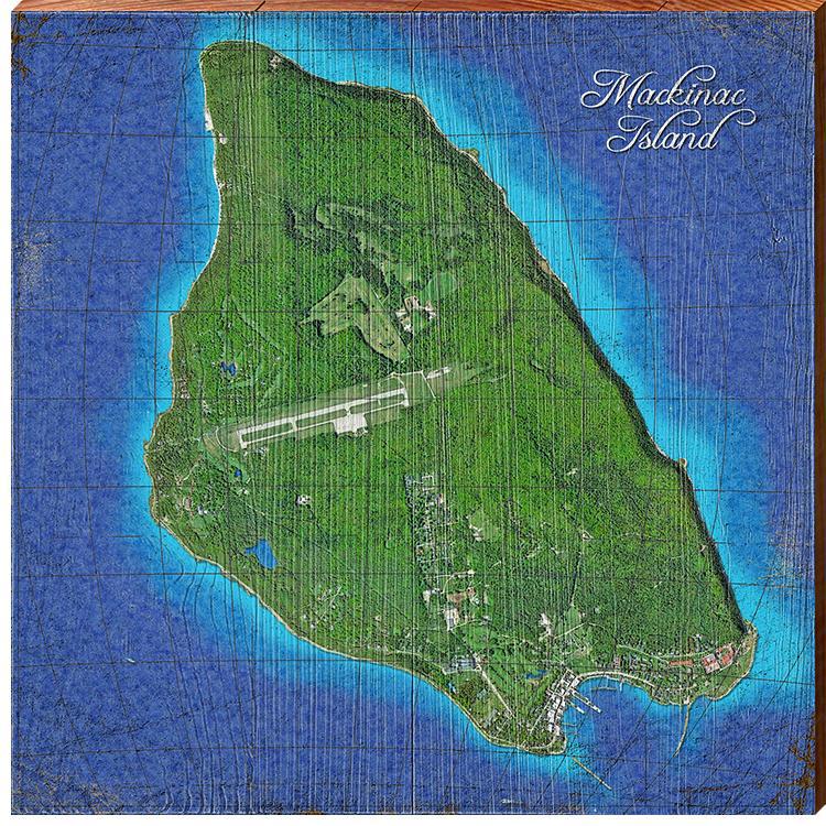 Mackinac Island, Michigan Satellite Styled Map Wall Art | Wall Art Print on Real Wood