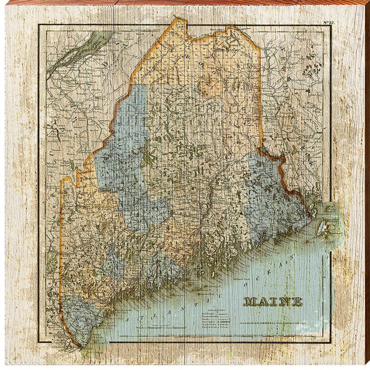 State Of Maine Map Home Decor Art Print on Real Wood