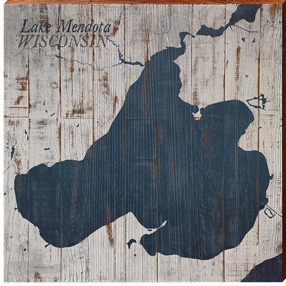 Lake Mendota, Wisconsin Navy & White Shabby Map | Wall Art Print on Real Wood