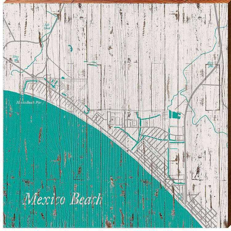 Mexico Beach Pier, Florida Teal & White Shabby Styled Map Wall Art | Wall Art Print on Real Wood