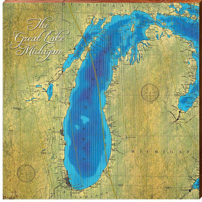 Lake Michigan Topographical Styled Chart | Wall Art Print on Real Wood