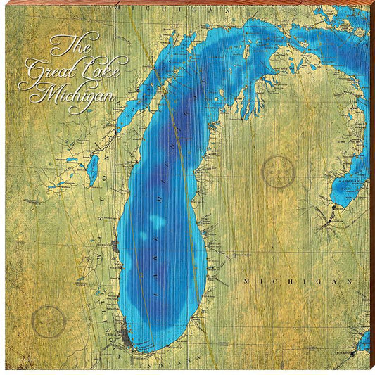 Lake Michigan Topographical Styled Chart | Wall Art Print on Real Wood