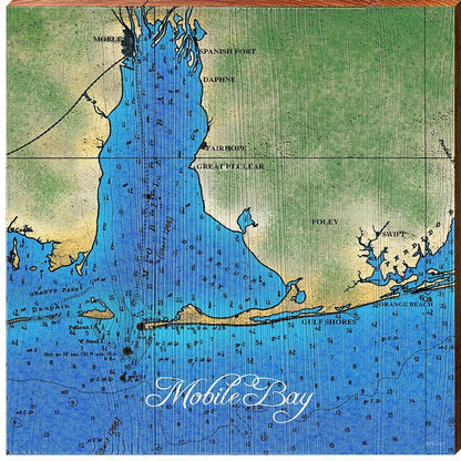 Mobile Bay, Alabama Topographical Map Wall Art | Wall Art Print on Real Wood
