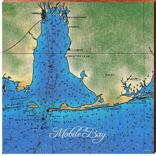 Mobile Bay, Alabama Topographical Map Wall Art | Wall Art Print on Real Wood