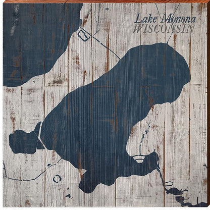 Lake Monona, Wisconsin Navy & White Shabby Map | Wall Art Print on Real Wood