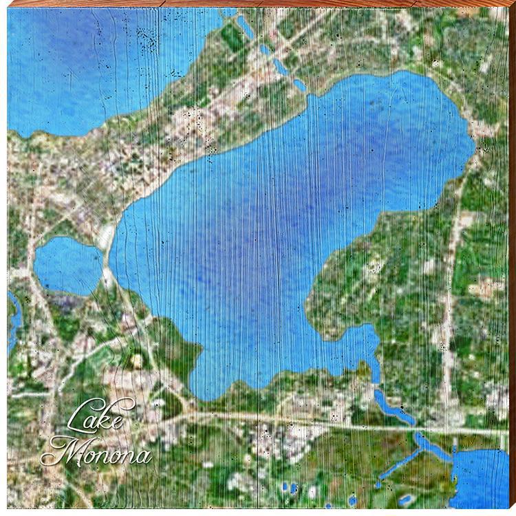 Lake Monona, Wisconsin Satellite Map | Wall Art Print on Real Wood