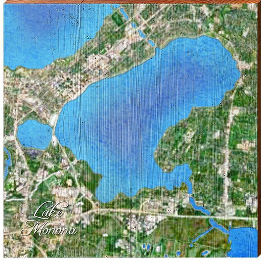 Lake Monona, Wisconsin Satellite Map | Wall Art Print on Real Wood