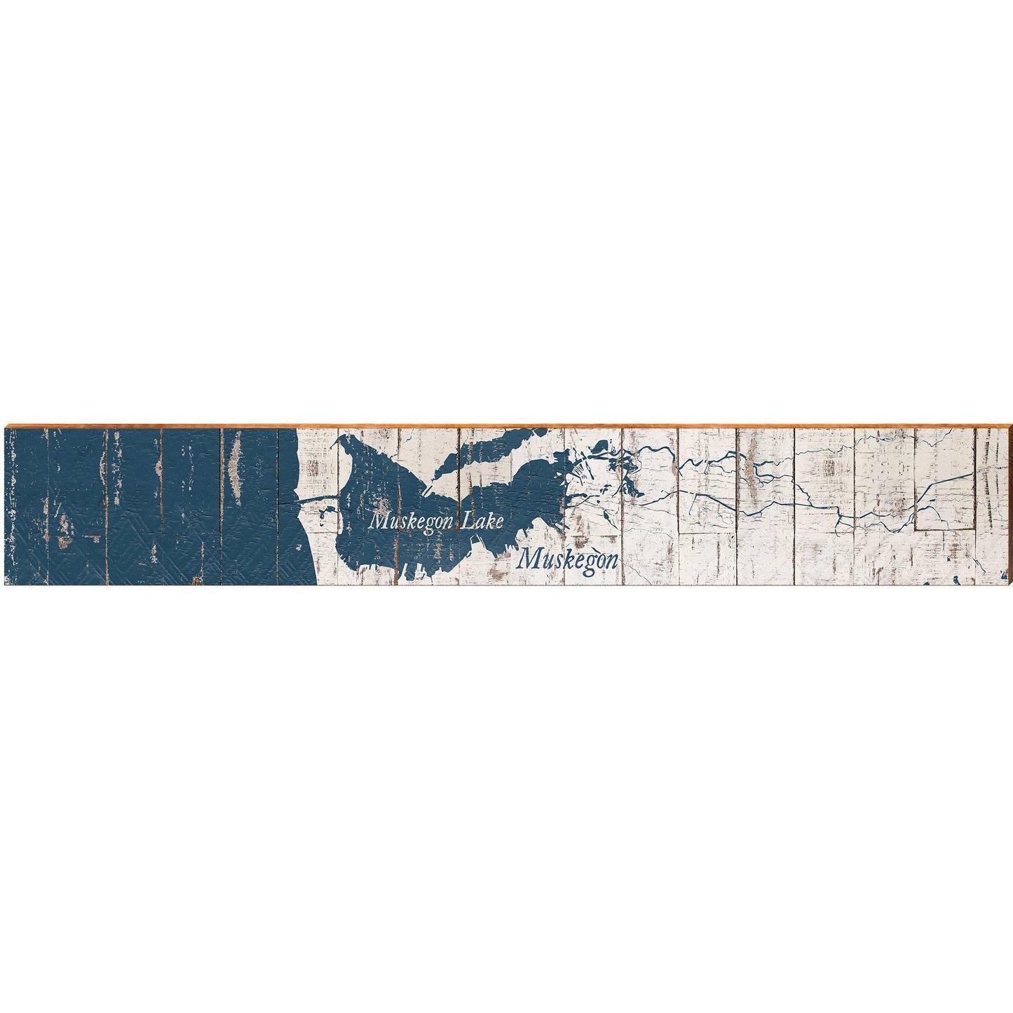 Muskegon, Michigan Navy & White Shabby Map | Wall Art Print on Real Wood