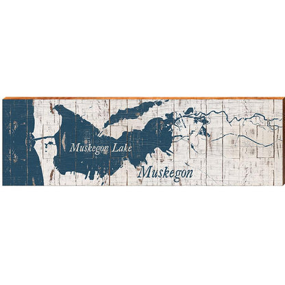 Muskegon, Michigan Navy & White Shabby Map | Wall Art Print on Real Wood