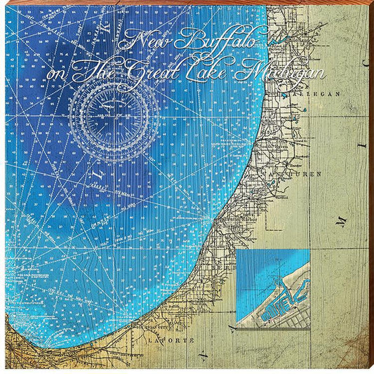 New Buffalo, Great Lakes Michigan Map | Wall Art Print on Real Wood
