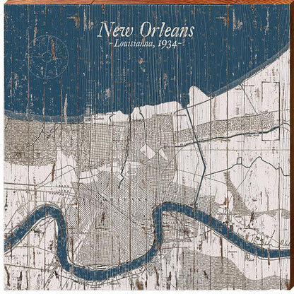 New Orleans, Louisiana 1934 Navy & White Shabby Styled Map Wall Art | Wall Art Print on Real Wood