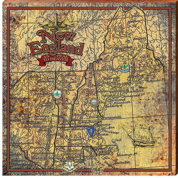 New England Map | Wall Art Print on Real Wood