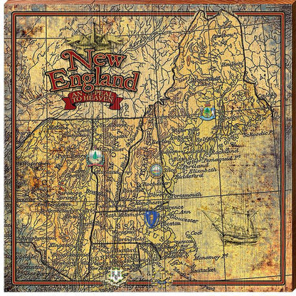 New England Map | Wall Art Print on Real Wood