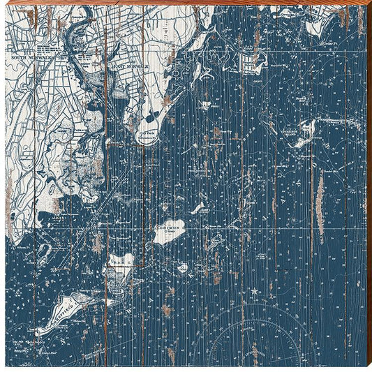 Norwalk Island, Connecticut Blue & White Shabby Styled Map Wall Art | Wall Art Print on Real Wood