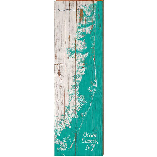 Ocean County, New Jersey Teal & White Shabby Map | Wall Art Print on Real Wood