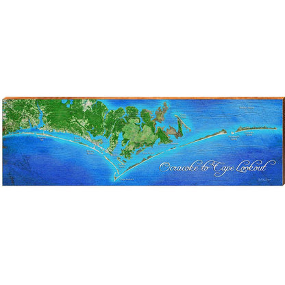 Ocracoke to Cape Lookout Map Home Decor Art Print on Real Wood