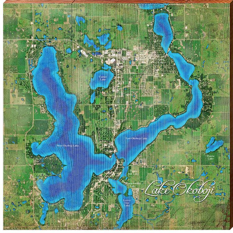 Lake Okoboji, Iowa Map | Wall Art Print on Real Wood