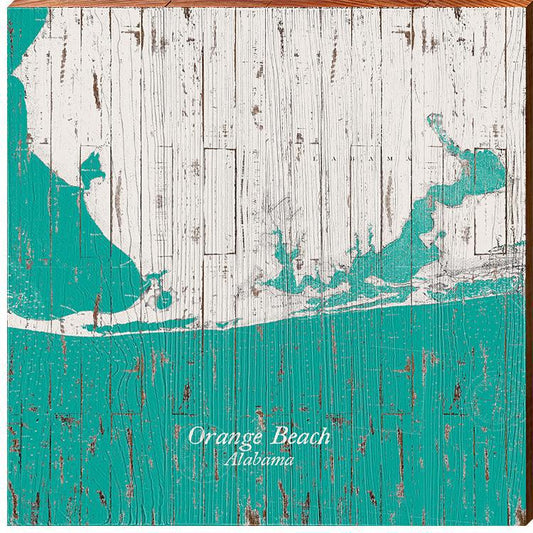 Orange Beach , Alabama Teal & White Shabby Map Wall Art | Wall Art Print on Real Wood