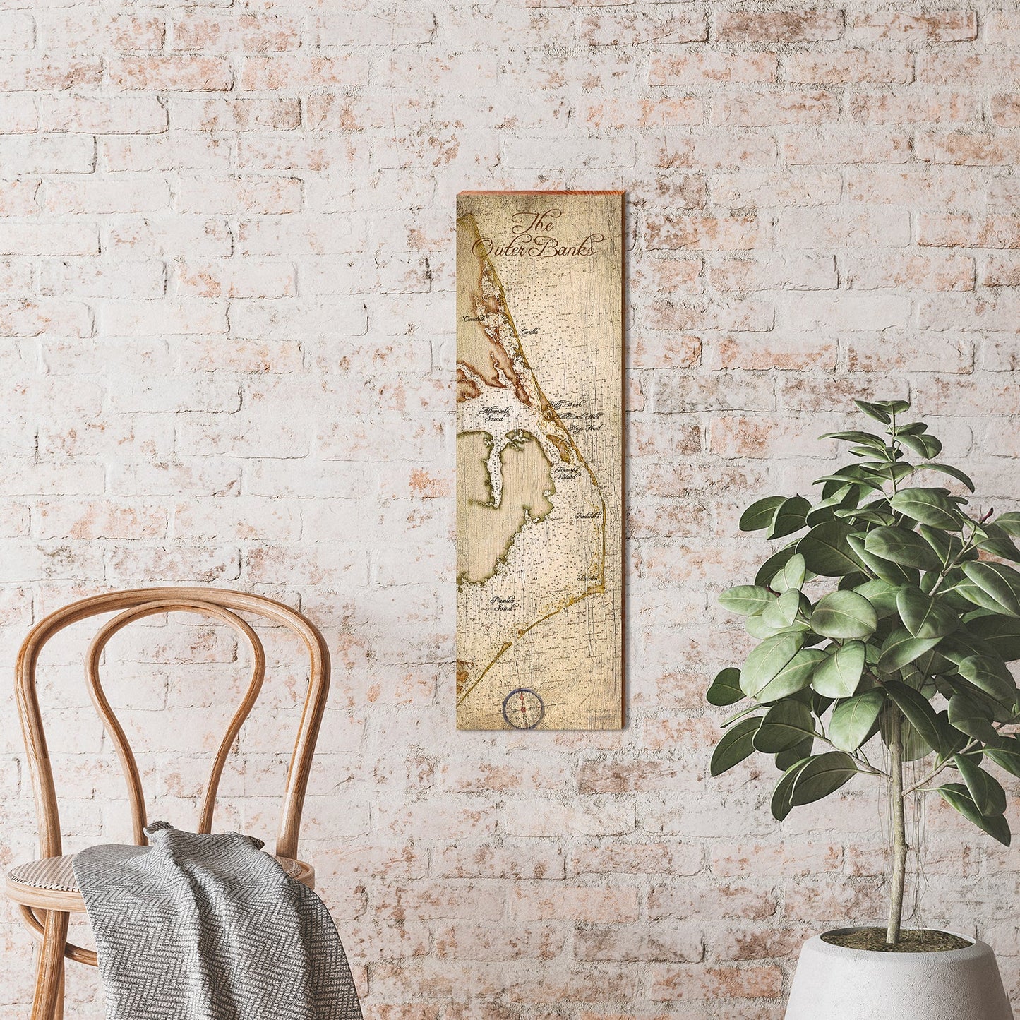 Outer Banks, North Carolina Vintage Sepia Topographical Map Sign | Wall Art Print on Real Wood