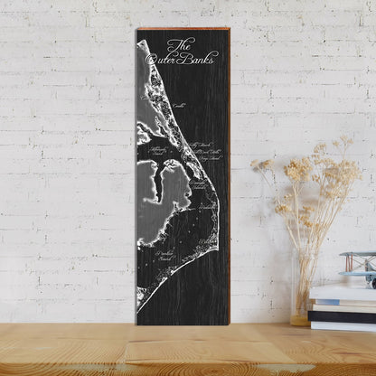 Outer Banks, North Carolina Vintage Black Topographical Map Sign | Wall Art Print on Real Wood