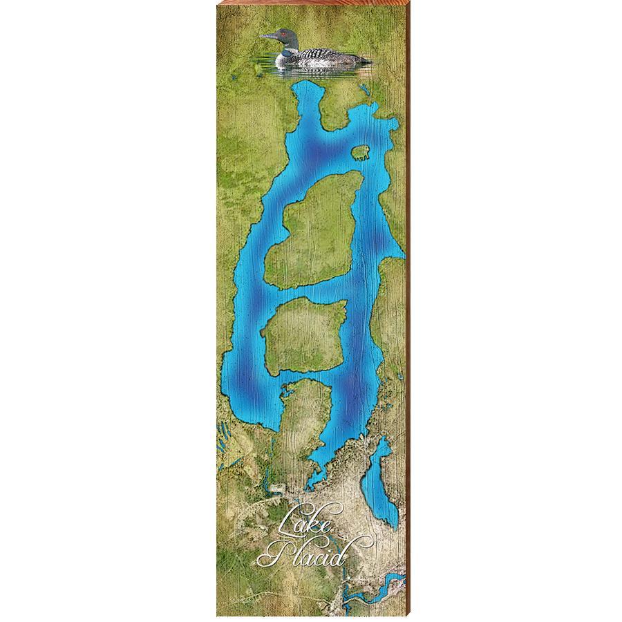 Lake Placid with Loon Map Home Decor Art Print on Real Wood