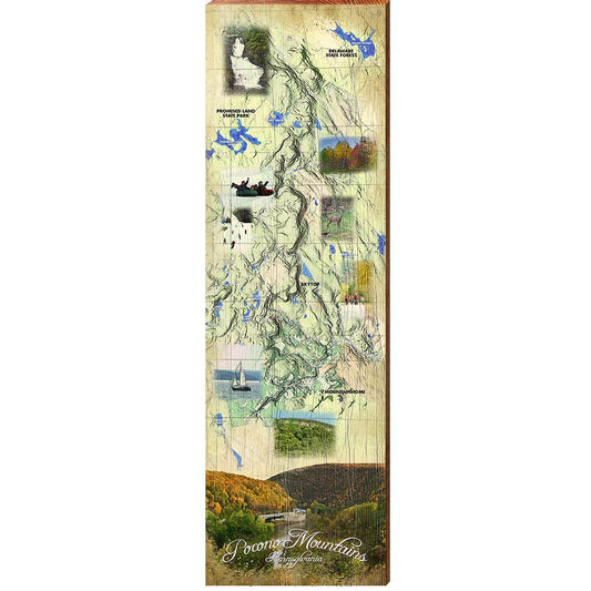 Pocono Mountains Map Home Decor Art Print on Real Wood