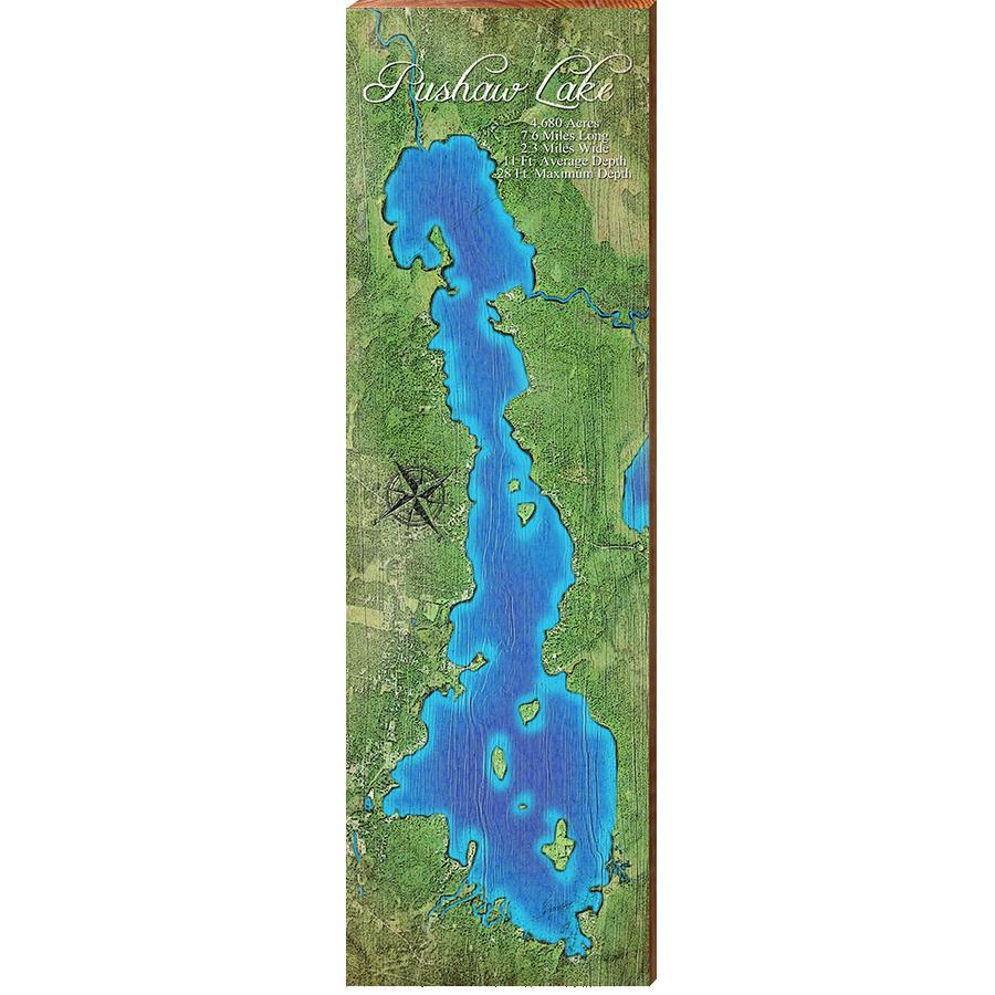 Pushaw Lake, Maine Satellite Styled Map Wall Art | Wall Art Print on Real Wood