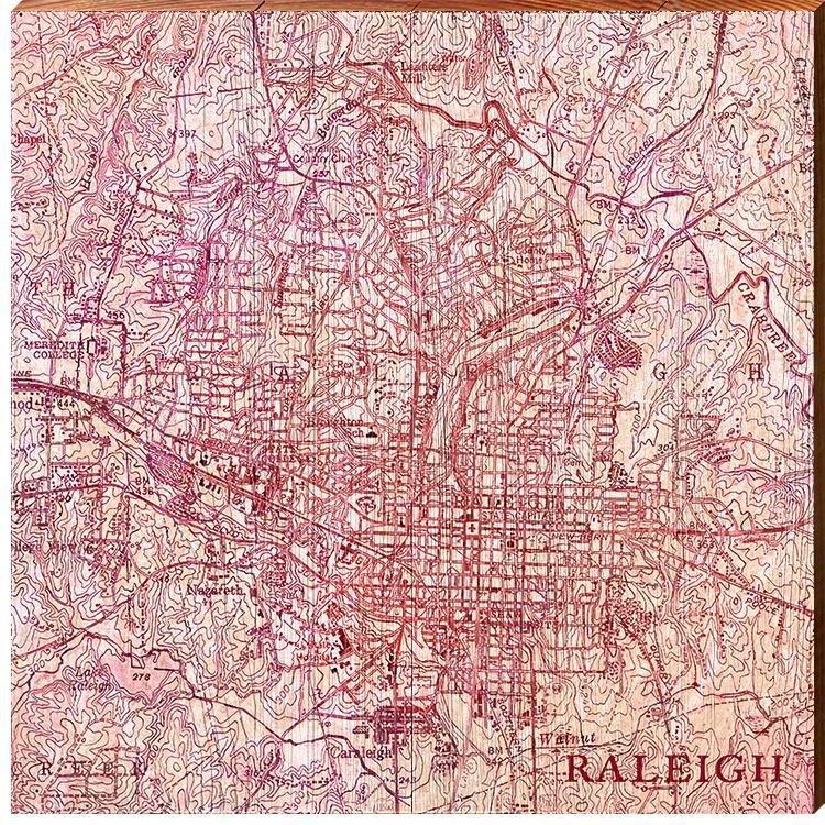 City of Raleigh, North Carolina White Topographic Map | Wall Art Print on Real Wood