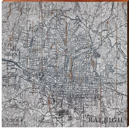 City of Raleigh, North Carolina Black & White Topographic Map | Wall Art Print on Real Wood