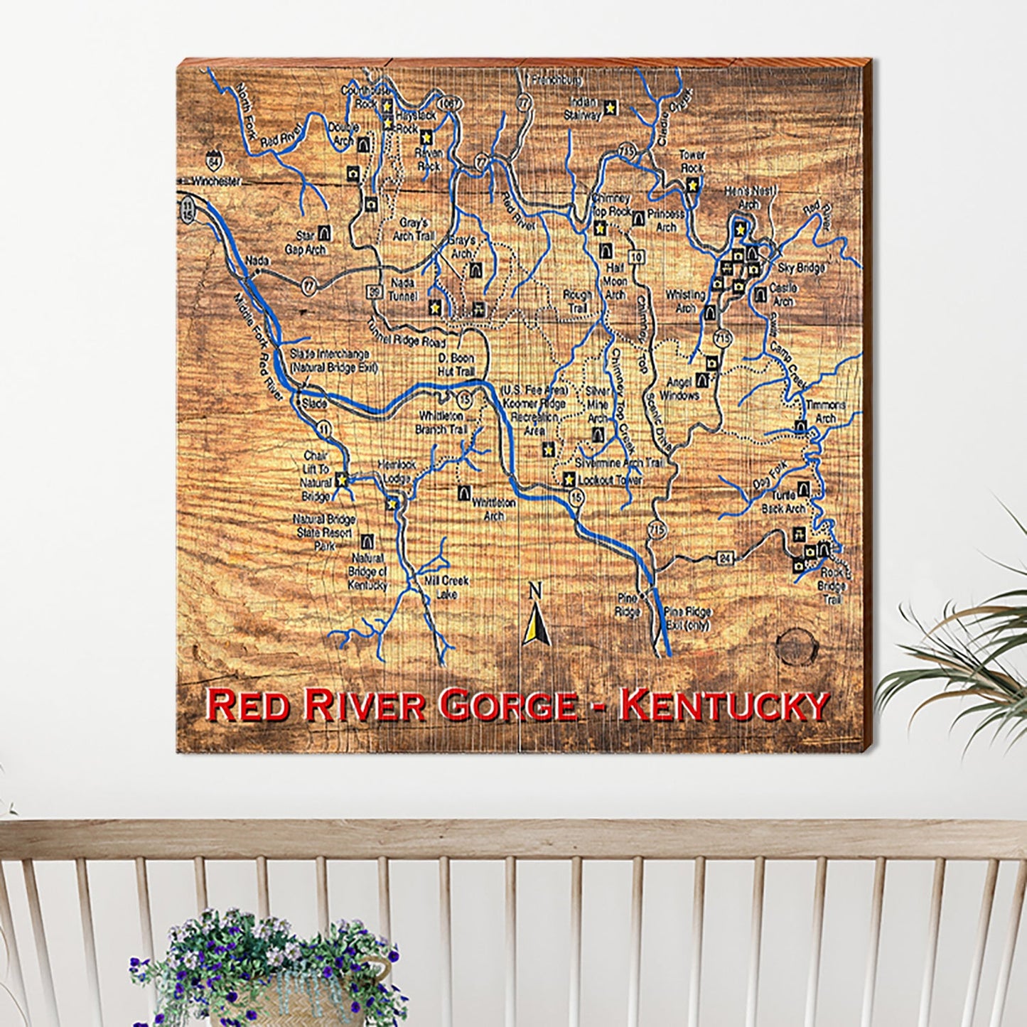 Red River Gorge, Kentucky Map Wooden Sign | Wall Art Print on Real Wood