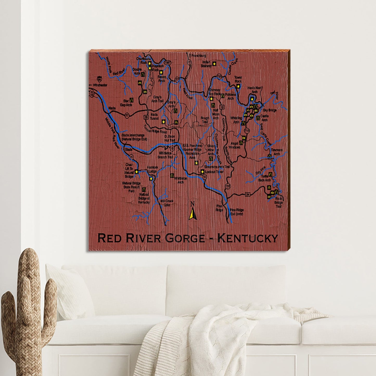 Red River Gorge, Kentucky Red Texturized Map Sign | Wall Art Print on Real Wood