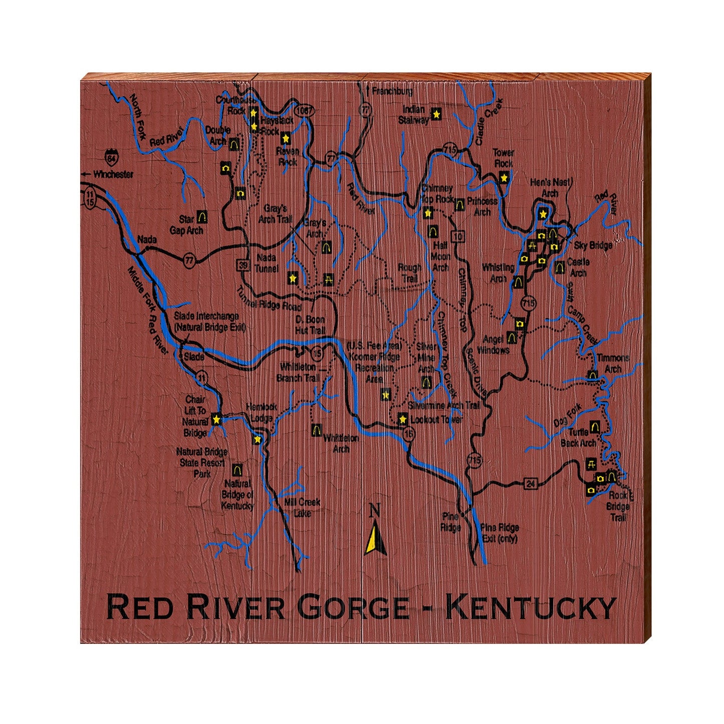 Red River Gorge, Kentucky Red Texturized Map Sign | Wall Art Print on Real Wood