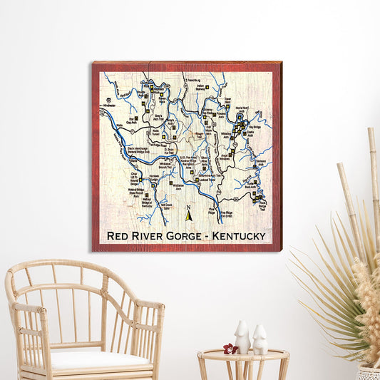 Red River Gorge, Kentucky Red Border Map Sign | Wall Art Print on Real Wood