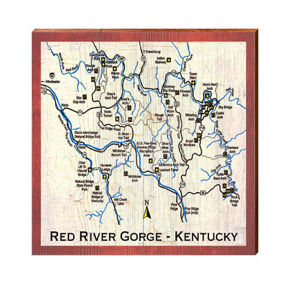 Red River Gorge, Kentucky Red Border Map Sign | Wall Art Print on Real Wood