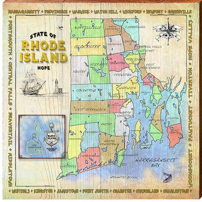 State of Rhode Island Map | Wall Art Print on Real Wood